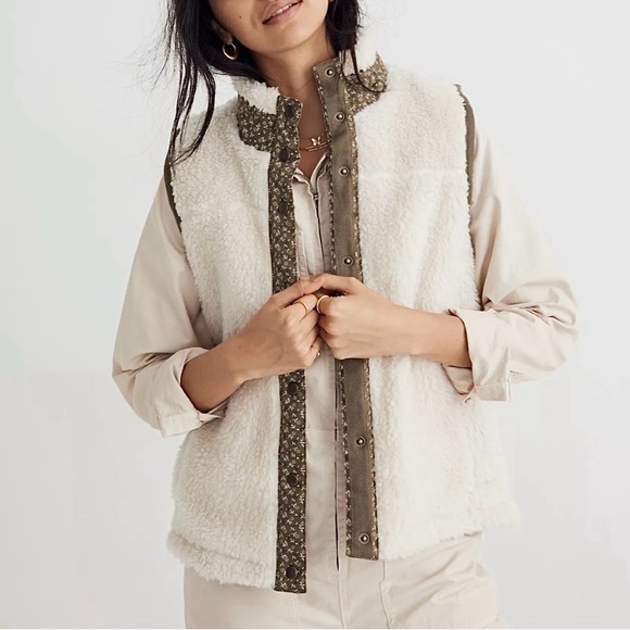 Madewell Faux Shearling Vest NG663 XXS Olive Green Trim Pockets Fall Winter Cozy - Picture 1 of 12